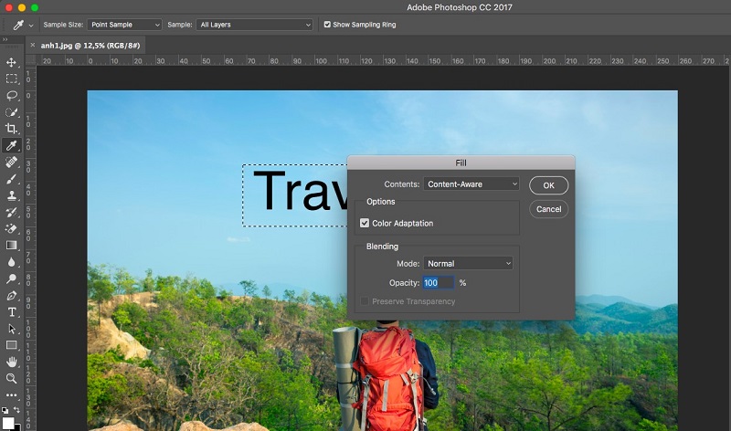 Tùy chọn Fill xóa chữ trong ảnh Photoshop